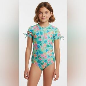 NWOT Cat & Jack Floral Kids-Girls Swimsuit- Aqua and Pink Size L
